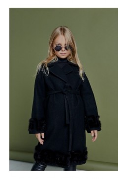 Mililook черное пальто с норкой для девочки Бри Под заказ